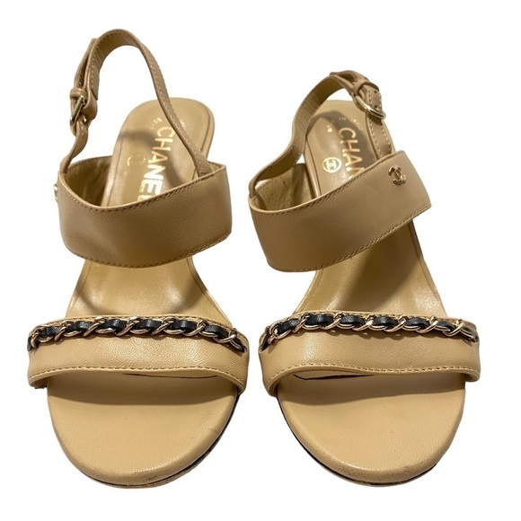 Chanel CC Logo Chain Detail Nude Leather Double Strap Slingback Heels Sandals - Picture 6 of 9